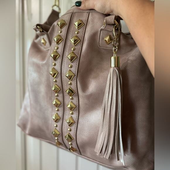 STEVE MADDEN🌟 Mauve with Gold Studs Oversized Boho Shoulder and Handle Bag - Picture 4 of 16